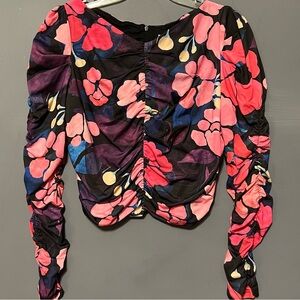 Floral Cropped Blouse NWT H&M Bright Pink Purple Blue Ruched Fitted Long Sleeve